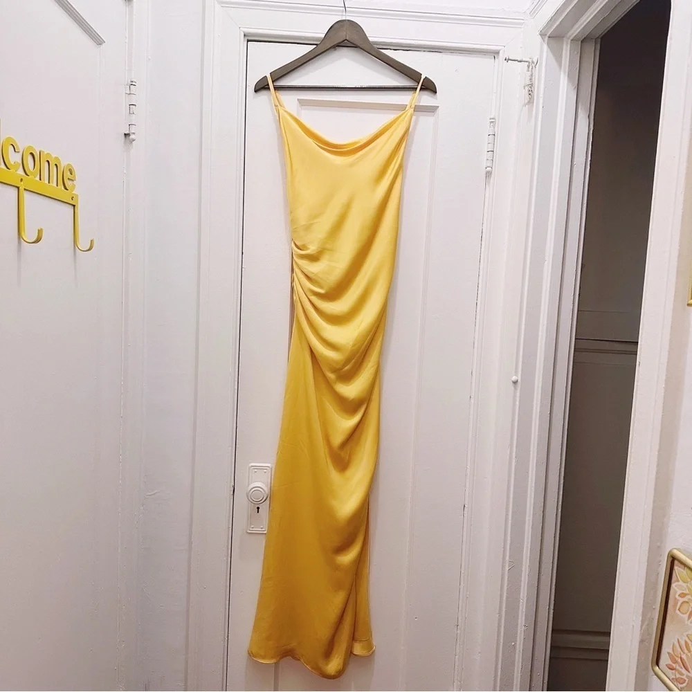 Ramy Brook Satin Draped Maxi Dress Canary Yellow